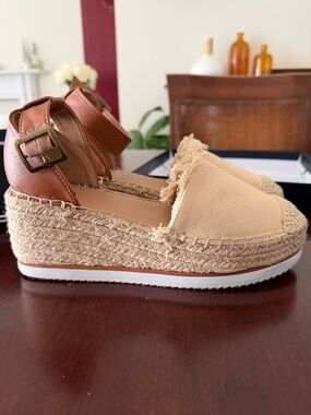 Nautica Beige Canvas Espadrille Wedge Sandals with Brown Ankle Strap